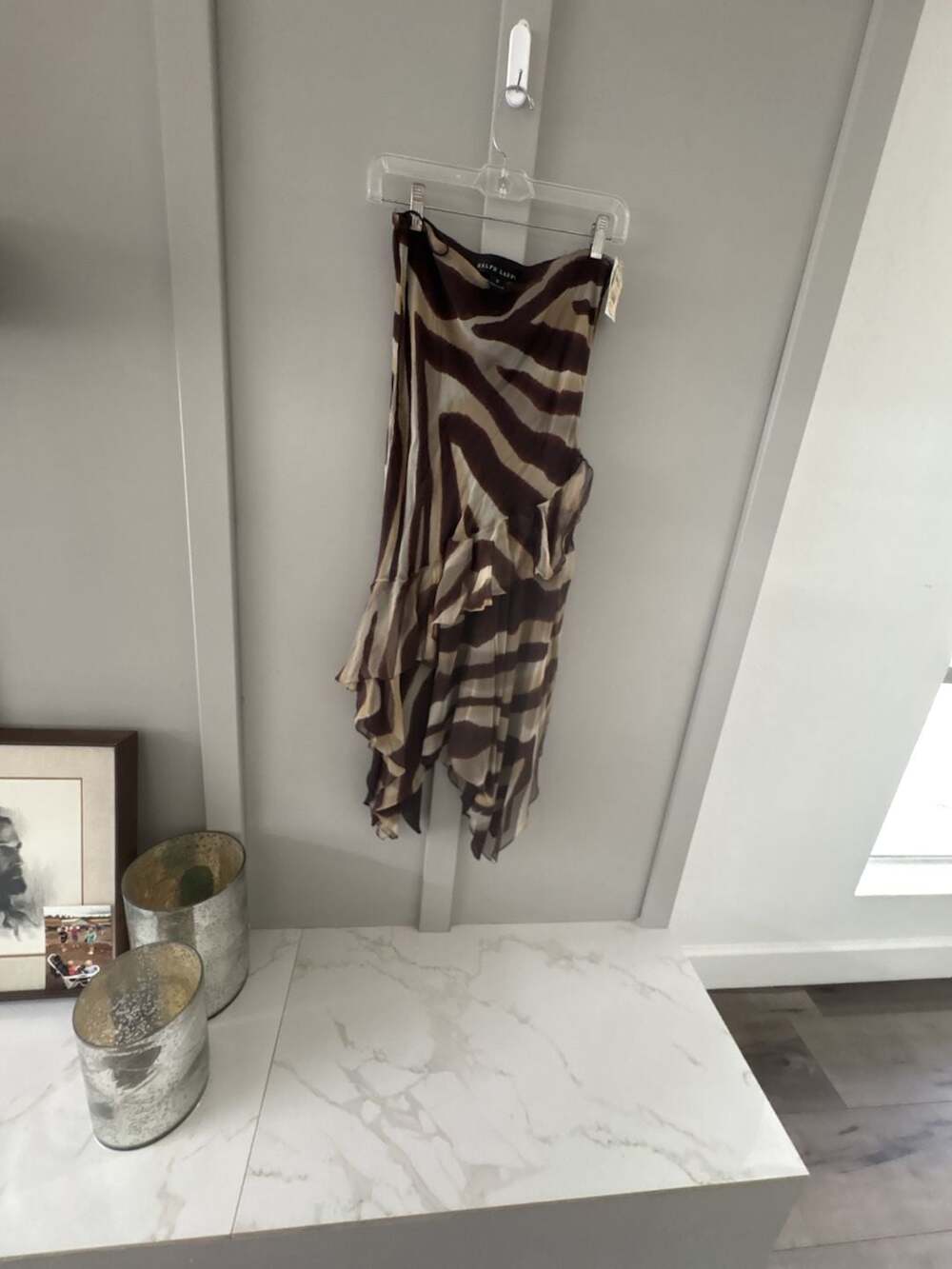 Ralph Lauren Ruffled Skirt Size 8 Brown Zebra Print Silk Midi - Picture 7 of 11